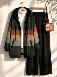 Rusticease Plus Size Women's Color Block Striped Hooded Drawstring Zip Up Three-Quarter Sleeve Jacket And Pants Casual Two Pieces Set Fall Winter 2026 - Multicolor - View 11