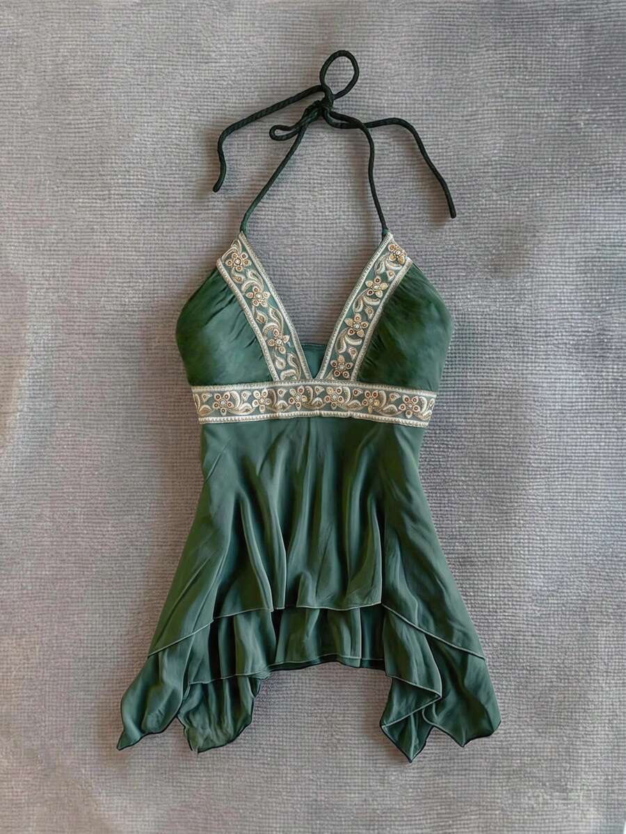 IslaSuriya 女款拼色百褶休閒百搭日常外出掛脖上衣 - 軍綠色 - 查看 1