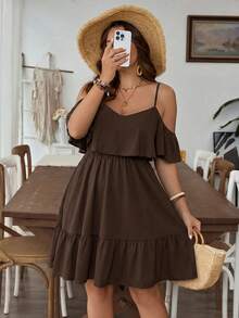 SHEIN VCAY Vestido de mujer talla grande unicolor vacaciones patchwork volantes hombros descubiertos - Café integral - Ver 6