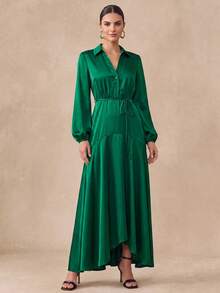 Almamuse Robe longue évasée à manches longues avec texture élégante pour femmes - Vert - Voir 1