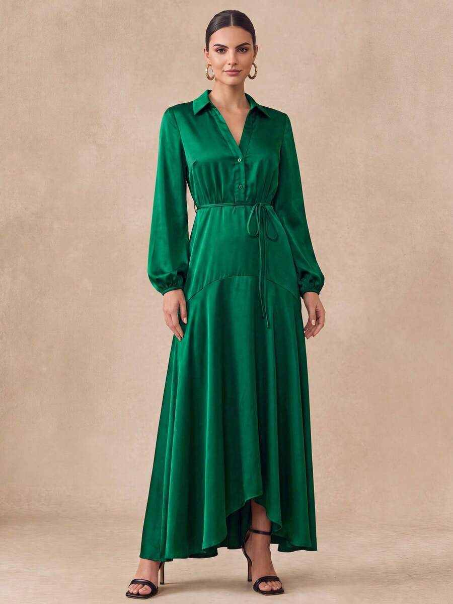 Almamuse Robe longue évasée à manches longues avec texture élégante pour femmes - Vert - Voir 1