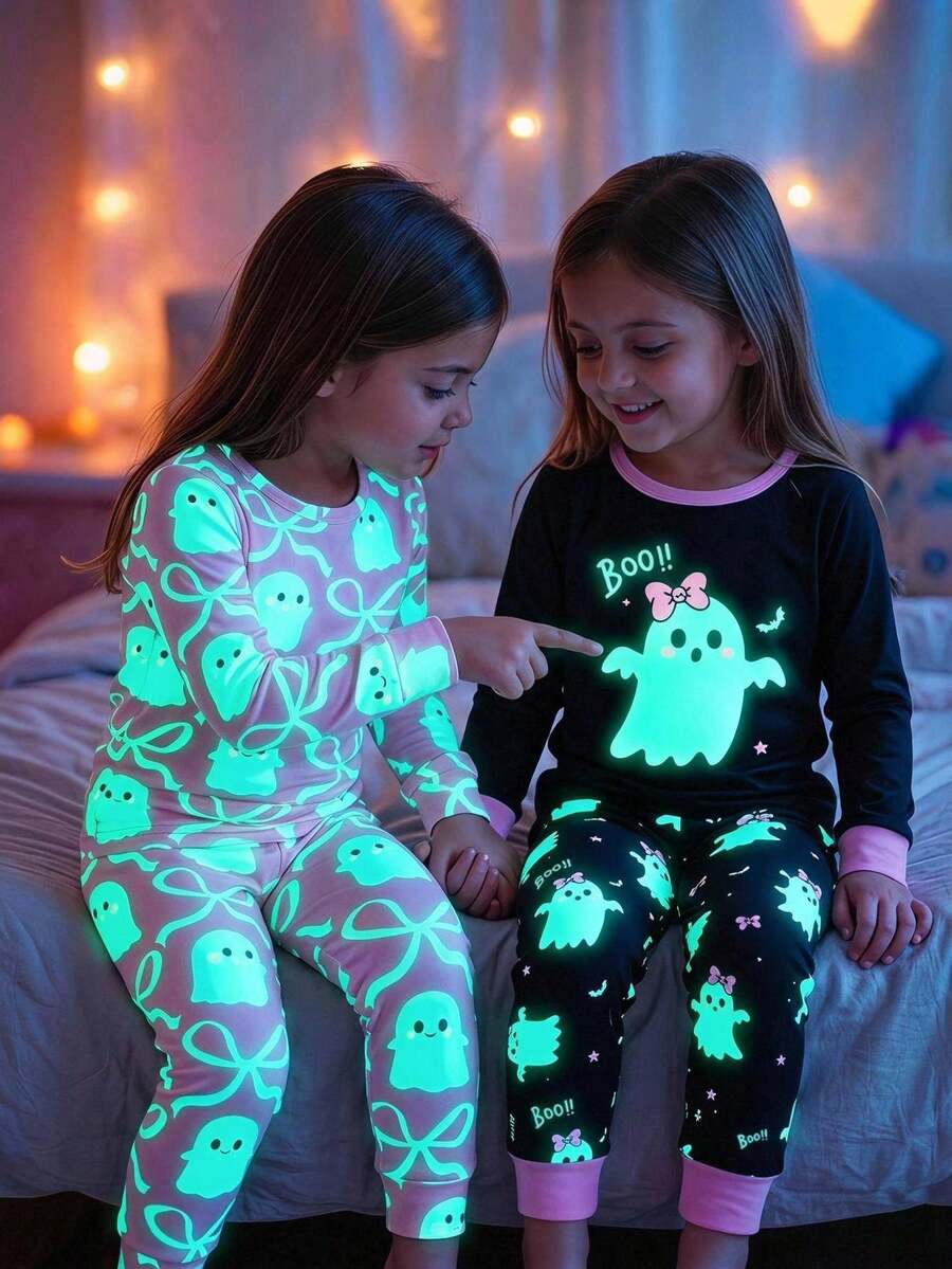 SHEIN Young Girl Snug Fit Pajama Set, Cartoon Ghost Pattern Knit Soft Contrast Color Crew Neck Long Sleeve Pullover Top And Elastic Waist Long Pants, 4-Piece Set, Halloween, Suitable For Holiday, Autumn/Winter - Multicolor - View 1
