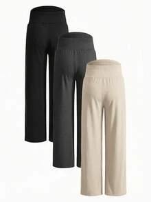 Modmama Pantalones largos de pierna ancha casuales de unicolor con cintura ajustable para maternidad, otoño - Multicolor - Ver 2