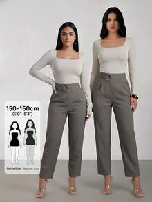 SHEIN PETITE Spring Women Belted Tapered Leg Pants ,Petite Women - Light Grey - View 6