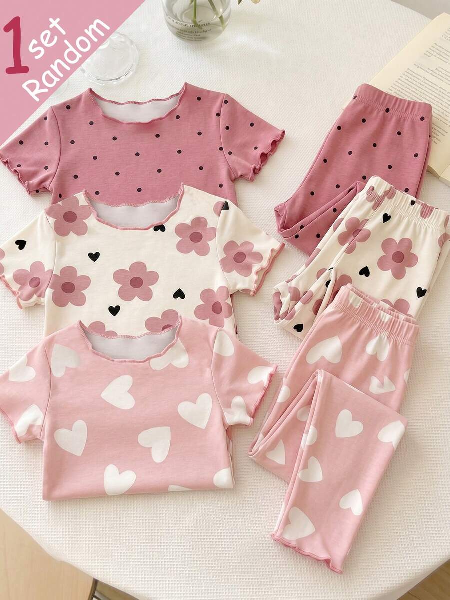 SHEIN [1 Set Acak] Piyama Bayi Perempuan, Motif Polkadot, Bunga, dan Kombinasi Motif Hati yang Lucu dan Manis, Desain Ruffle, Atasan Lengan Pendek Leher Bulat Dipadukan dengan Celana Panjang, Set Pakaian Rumah 2 Potong - MultiWarna - View 1