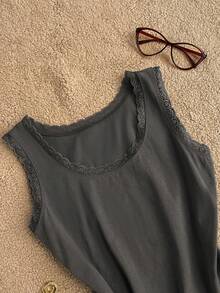 Attitoon 95 Cotton Women's Tank Top, Casual Minimalist Vintage Punk Y2K Versatile Party Everyday Wear, Dark Grey, Racerback Lace Patchwork Music Festival - Dark Grey - View 3