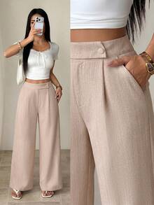 SHEIN PETITE 女款竹纖維面料腰前疊層扣飾設計優雅教師制服 專業休閒風，適合嬌小女性 - 卡其色 - 查看 1