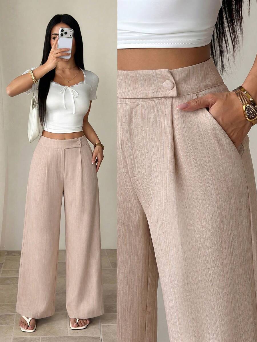 SHEIN PETITE 女款竹纖維面料腰前疊層扣飾設計優雅教師制服 專業休閒風,適合嬌小女性 - 卡其色 - 查看 1