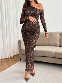 SHEIN Maternity Fashion Sexy Leopard Print Asymmetric Neck Side Slit Dress Winter - Brown - View 7