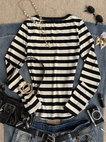 Attitoon Women's Casual Striped Long Sleeve T-Shirt, Spring/Autumn - Black - View 2