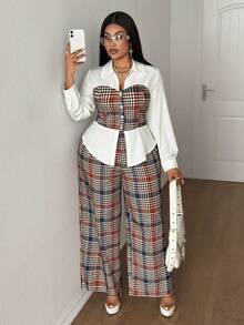 SHEIN CURVE+ Plus Size Women's Fashion New French Collar Plaid Print 2 In 1 Shirt And Pants Two Pieces Set Fall - Multicolor - View 4