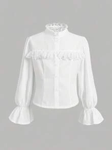 Tween Girl Tween Girls Elegant Ruffle Stand Collar Lantern Sleeve Ruffle Trim Long Sleeve White Blouse, Back To School Preppy Style White Shirt - White - View 3
