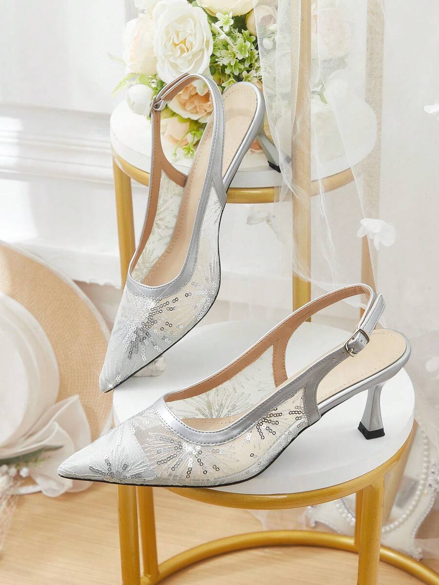 CUCCOO HITCHD Ladies Spring And Summer New Silver Fairy Mesh Sequins Pointed High Heels Shoes Slingback Buckle Design Gentle Style Dating High Heels Fall Shoes - Silver - View 1