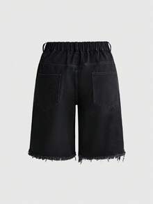 ROMWE Fairycore Plus Size Casual Pastoral Spring/Summer Embroidered Frayed Distressed Versatile Denim Mid-Length Pants - Black - View 2
