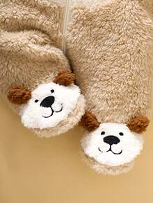SHEIN Newborn Cute Plush 3D Puppy Hooded Long Sleeve Jumpsuit With Feet - Khaki - View 8
