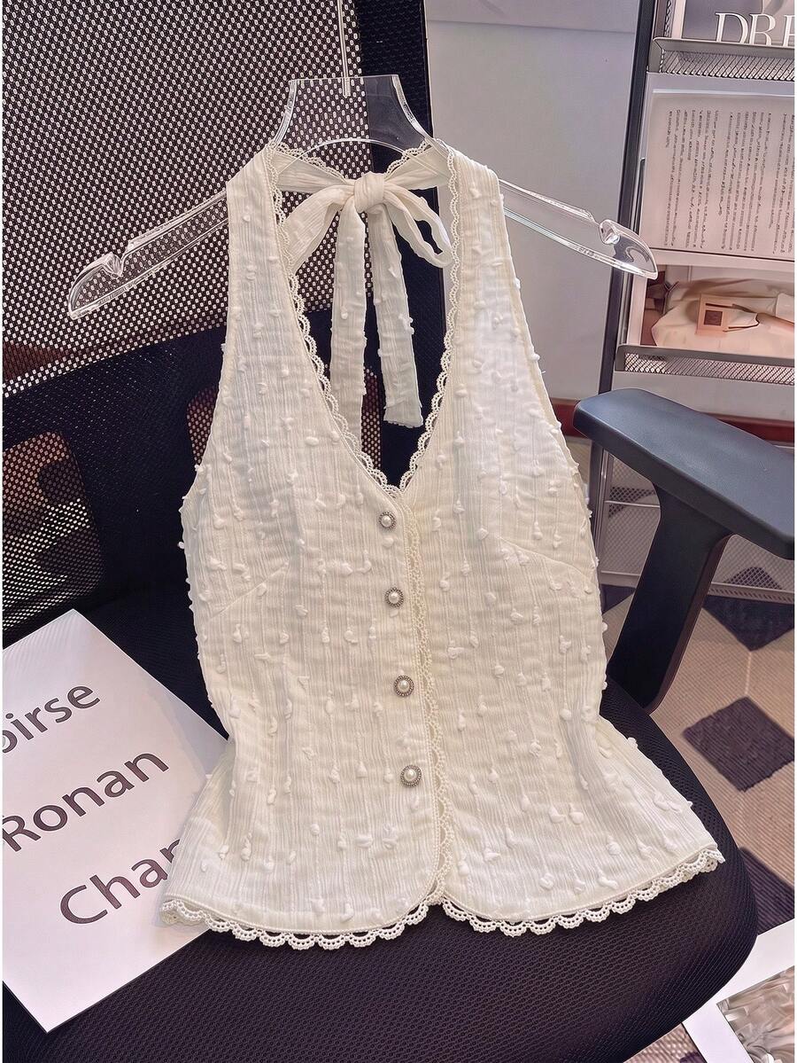 Franclia 女款夏季新款性感細肩帶V領杏色修身背心,蕾絲拼接珍珠裝飾,女款沙灘裝,女款度假背心,女款優雅上衣,杏色蕾絲上衣,休閒度假波希米亞風沙灘裝,適合情人節、派對、復活節、夏威夷音樂節和熱帶假期穿著 - 杏色 - 查看 1