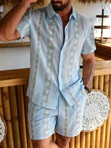 Manfinity Homme Men's Floral Print Short Sleeve Shirt And Drawstring Waist Shorts Set - Baby Blue - View 4