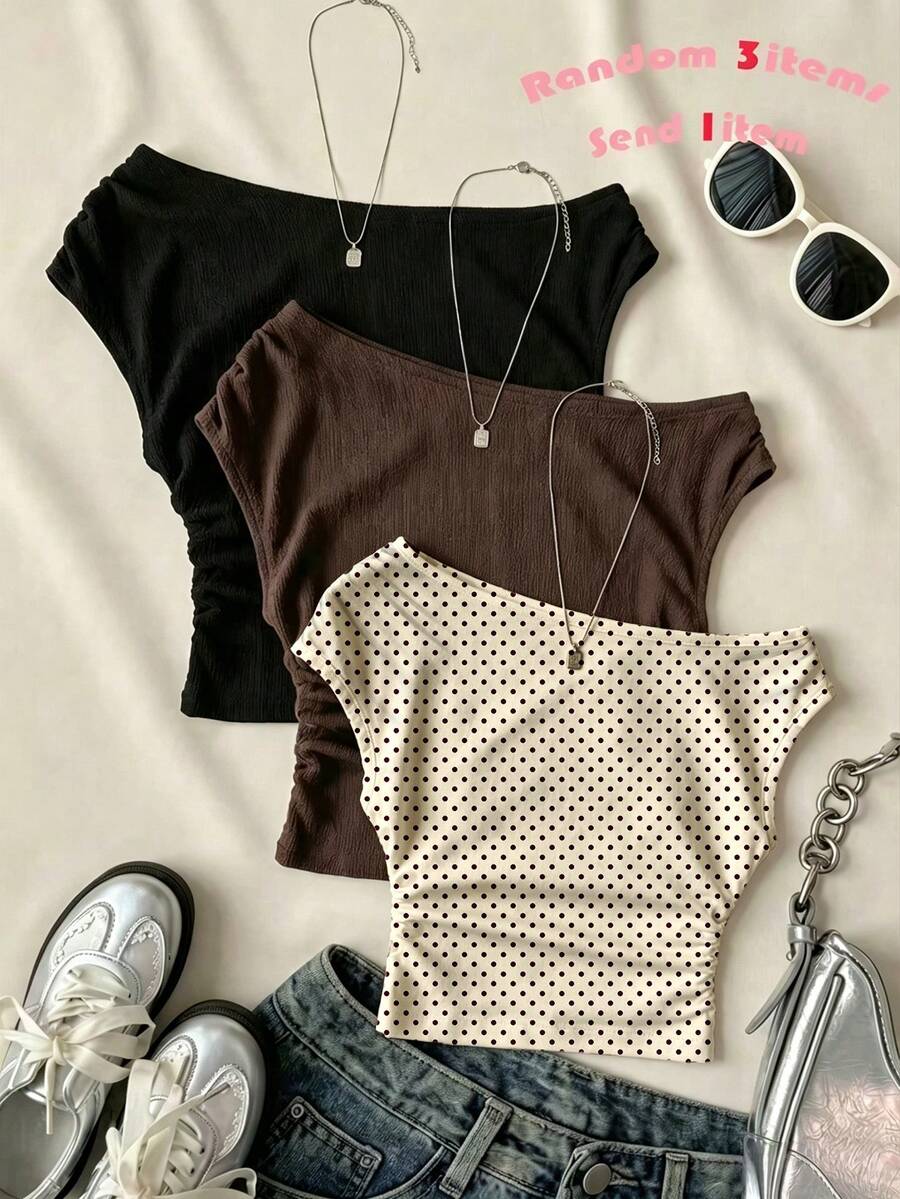 Teen Girls Apricot Casual Minimalist Fitted Asymmetrical Shoulder Ruched Cropped Top, Suitable For Spring/Summer, Personalized Outfit, Daily Wear - White - View 1