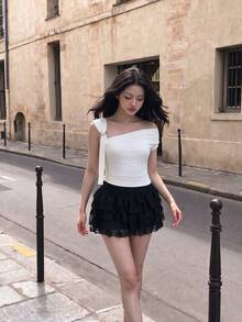 SHEIN MOD White Asymmetrical Shoulder Women Summer Music Festival White Top Tops - White - View 3