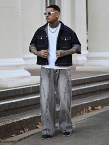 Devon Thys Men's Street Fashion Distressed Patchwork Vintage Washed Wide Leg Pants - Light Grey - View 1