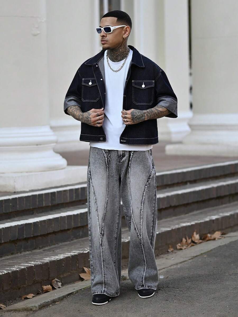 Devon Thys Men's Street Fashion Distressed Patchwork Vintage Washed Wide Leg Pants - Light Grey - View 1
