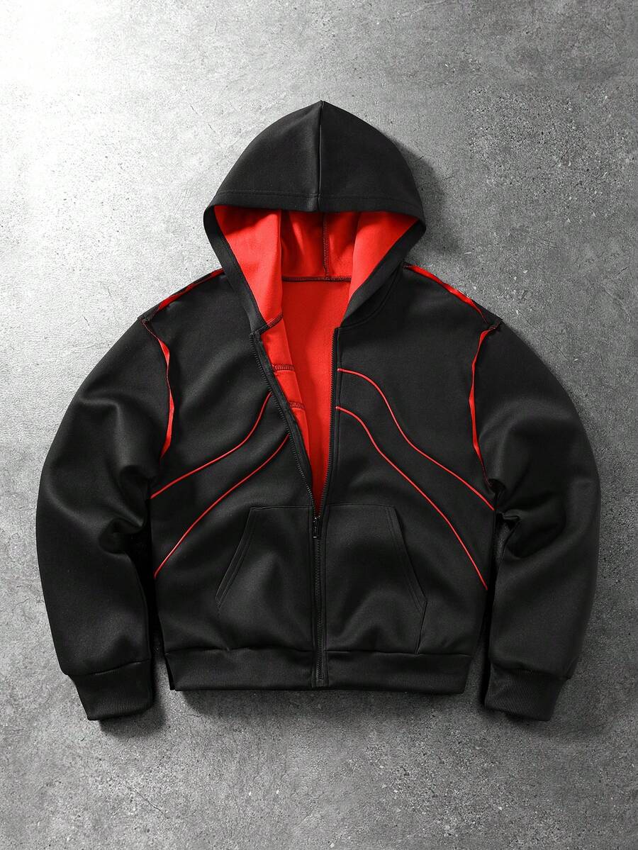 ROMWE MEN Sweatshirt Hoodie Streetwear Pria dengan Desain Split Colorblock - Hitam - View 1