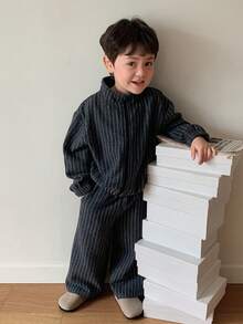 DAZY Infant (Boy) Striped Long Sleeve Jacket & Long Pants Korean Style 2 Pieces Set Toddler Fall - Grey - View 3
