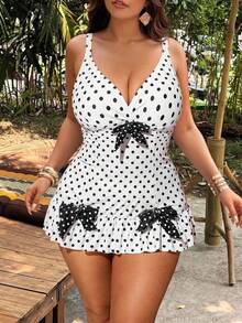 SHEIN Swim Plus Size Polka Dot Print Bow Decor Beach Swimsuit Skirt - Black and White - View 2