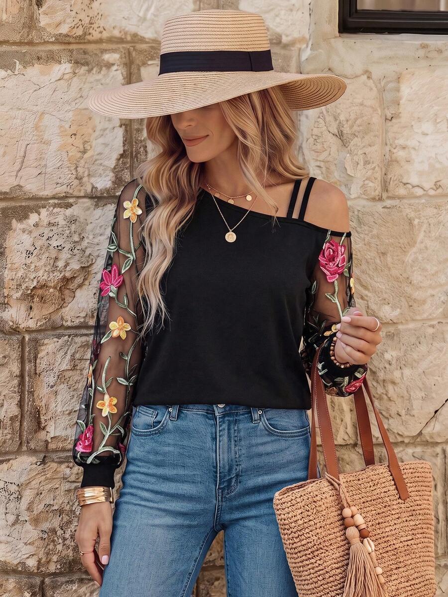SHEIN قميص منسوج مطرز بكتف مائل 1 قطعة، مناسب للنساء، أنيق، موسم الخريف - الأسود - مشاهدة 1
