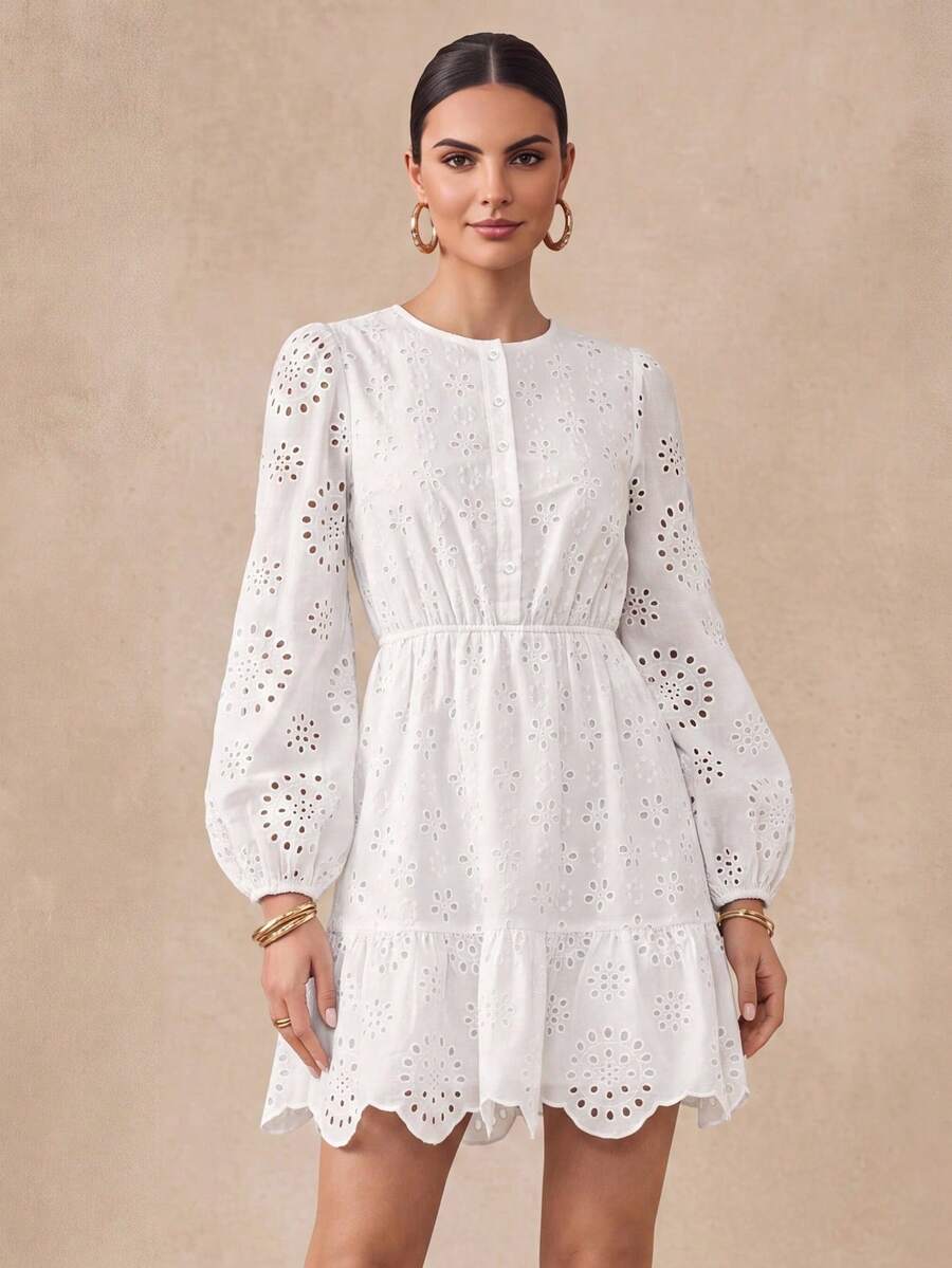 Almamuse Women's Mid-Length White Solid Embroidered Ruffle Hem Long Sleeve Dress Fall Cloth For Women - White - View 1