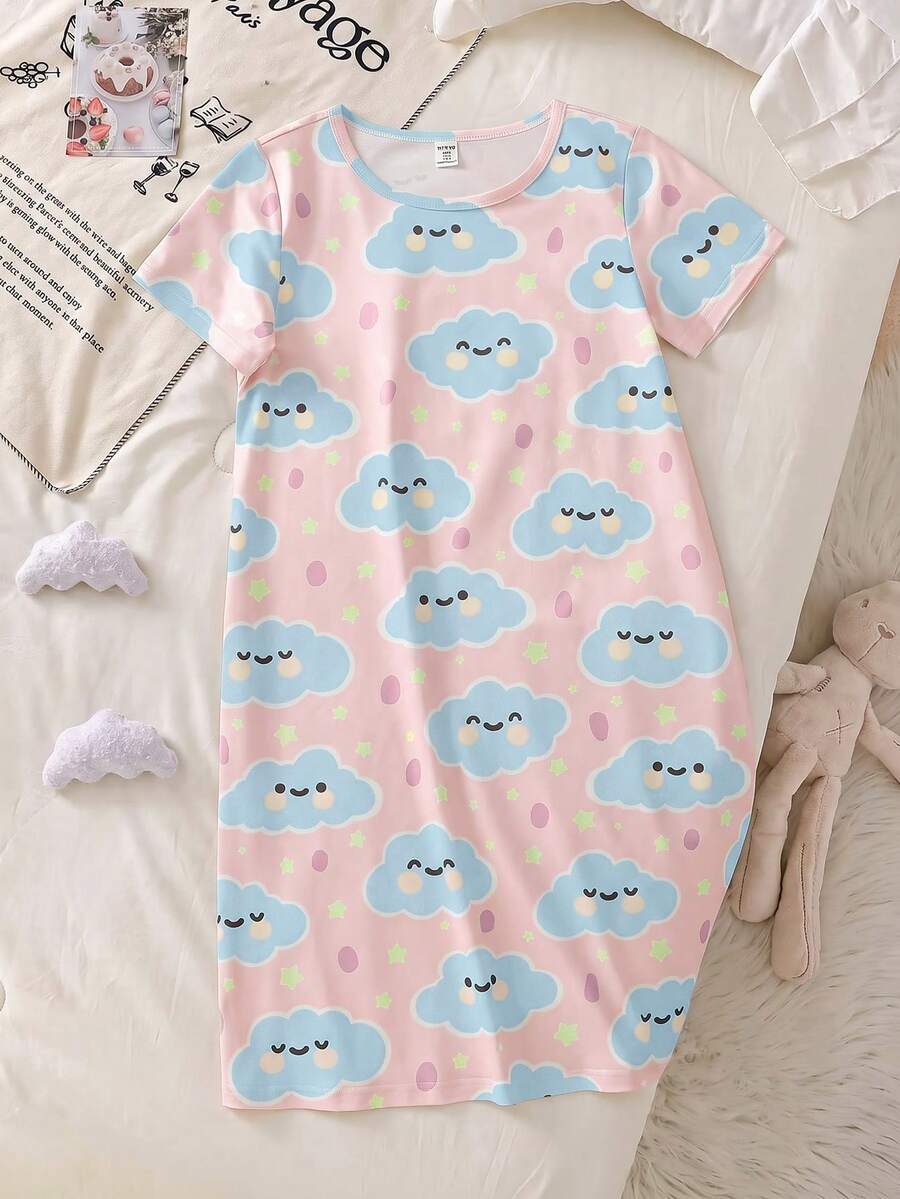 SHEIN 青少年女孩可愛雲朵印花短袖寬鬆睡裙 1件居家穿著 - 粉色 - 查看 1
