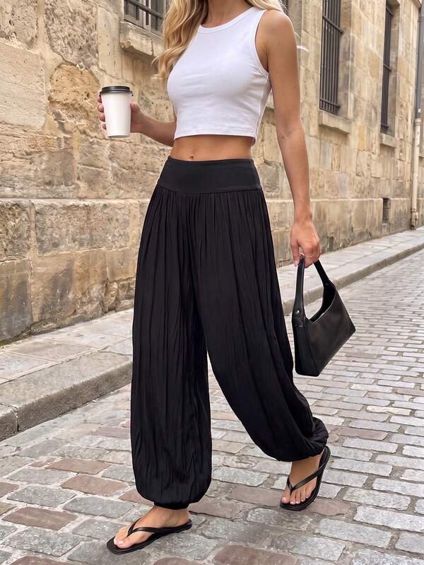 TRNVIE Women's Versatile Pleated Cuffed Loose Long Pants For Daily Wear