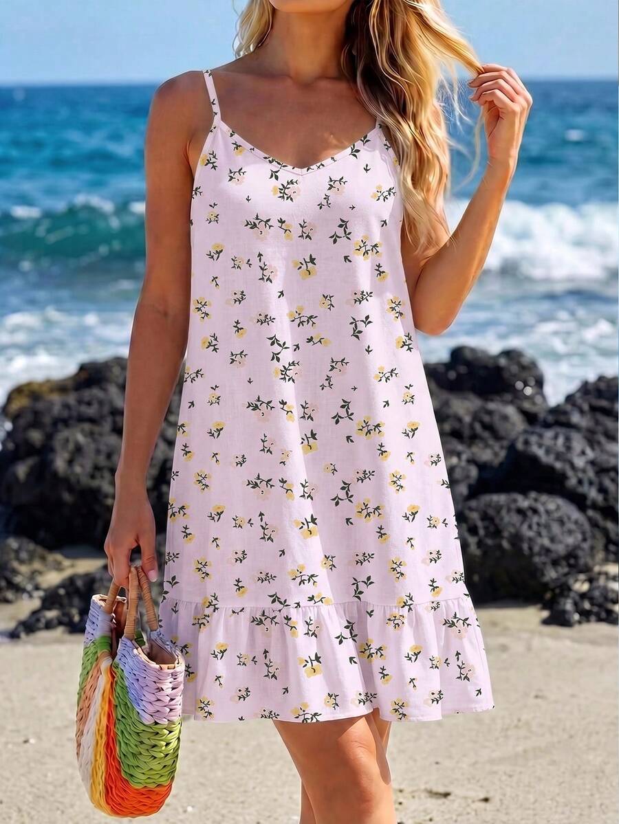 SHEIN LUNE Women's Printed Mini Ruffle Hem Cami Dress Beach Vacation Pink Floral Summer Tropical Sexy Jamican - Multicolor - View 1