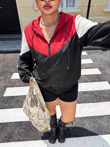 SHEIN EZwear 大尺碼黑金拼接拉鍊梭織連帽外套 登山 秋季休閒款 - 彩色 - 查看 4
