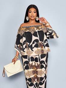 SHEIN PETITE CURVE 2pcs Set Plus Size Women Ditsy Floral Vacation Casual Spring/Summer Off-Shoulder Shirt + Wide Leg Pants Camouflage - Brown - View 3