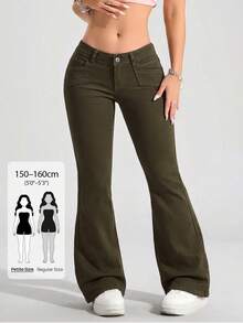 SHEIN PETITE 女款街頭時尚喇叭腿牛仔褲，小個女款 - 軍綠色 - 查看 1