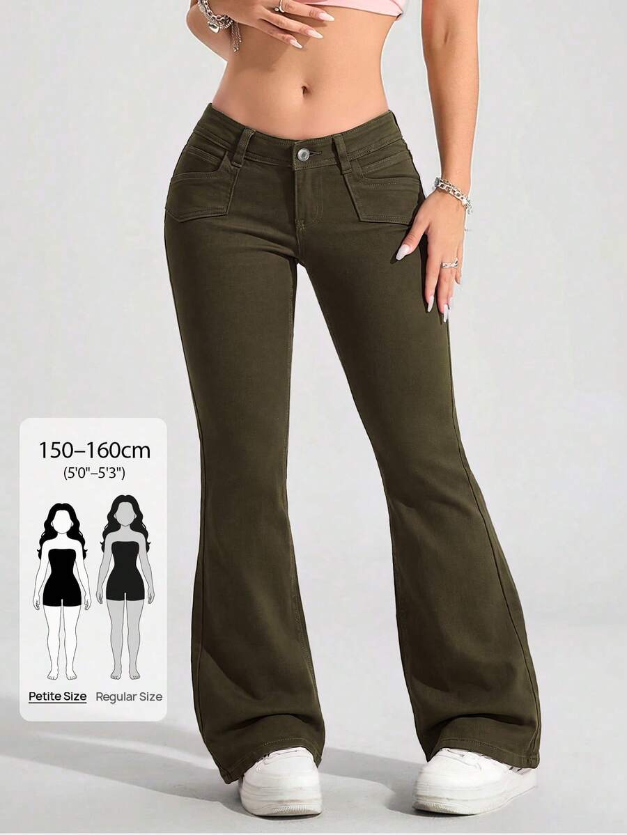 SHEIN PETITE 女款街頭時尚喇叭腿牛仔褲,小個女款 - 軍綠色 - 查看 1
