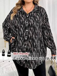 SHEIN CURVE+ Plus Size Colorblock Single-Breasted Casual Versatile Long Sleeve Shirt Fall - Black and White - View 1