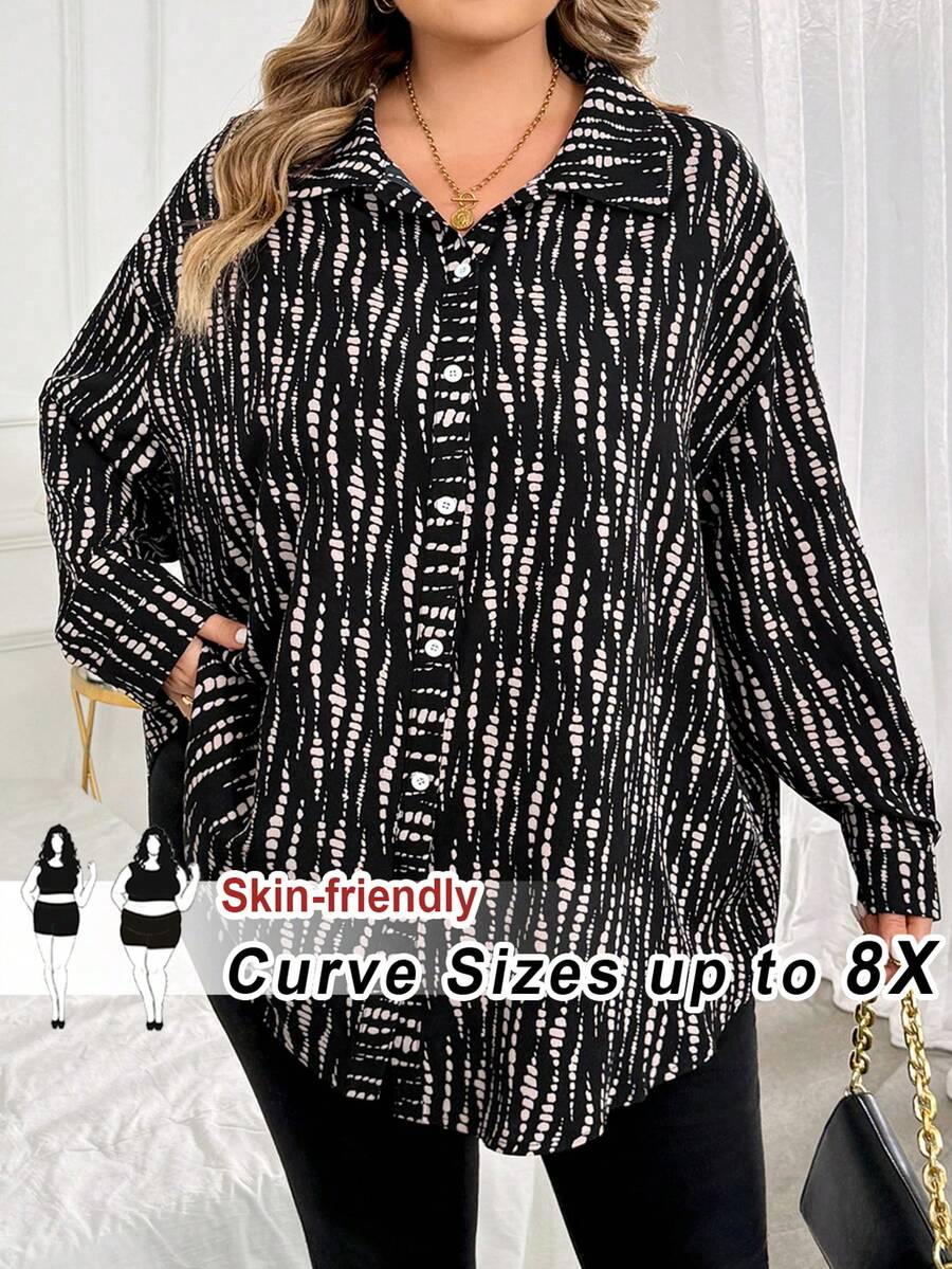 SHEIN CURVE+ Plus Size Colorblock Single-Breasted Casual Versatile Long Sleeve Shirt Fall - Black and White - View 1
