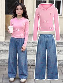 SHEIN 少女 2 件組純色粉色抽繩連帽上衣與寬腿褲套裝，休閒春季/秋季穿著 - 粉色 - 查看 8