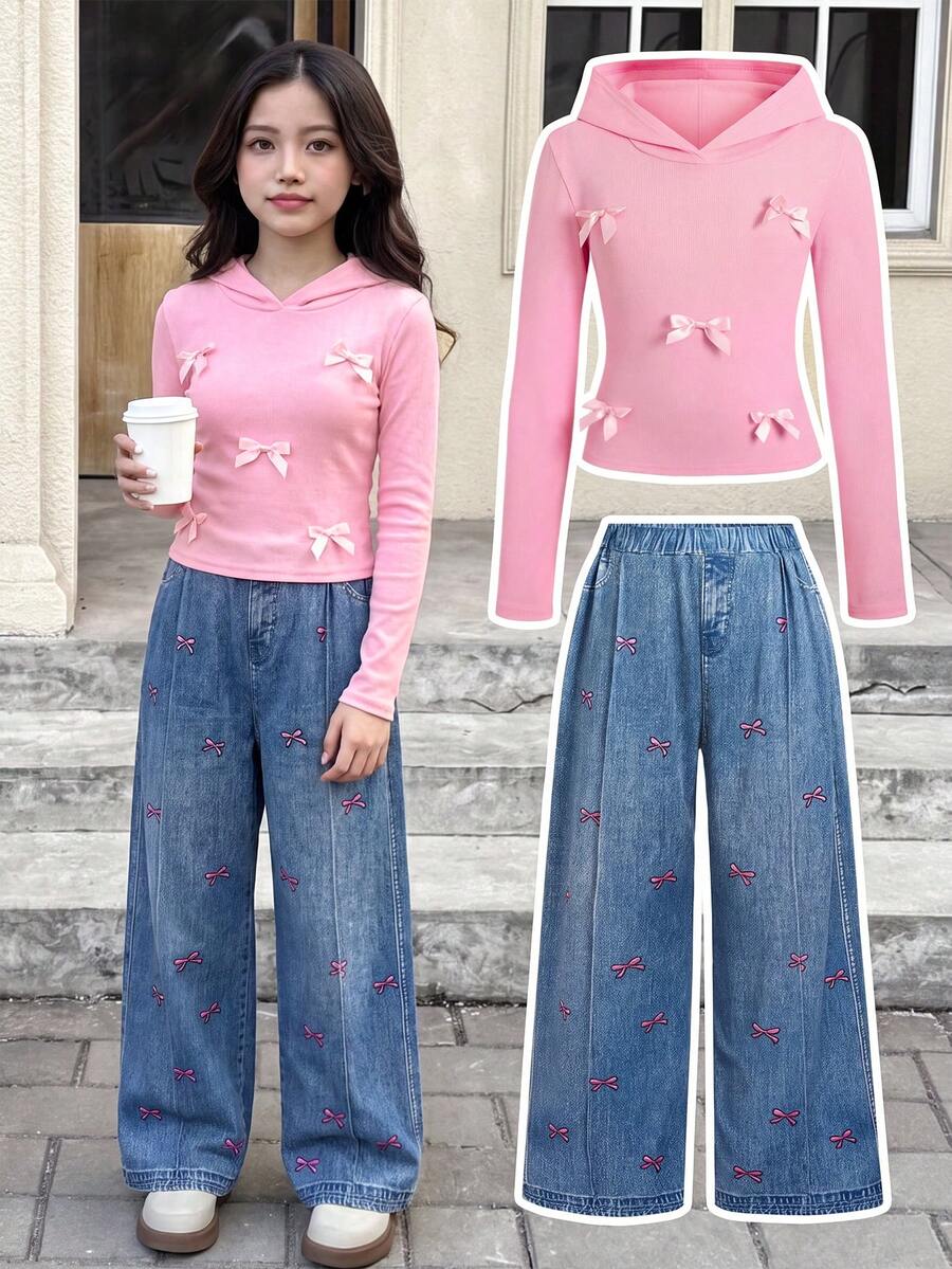 SHEIN Tween Girl 2pcs Solid Pink Drawstring Hoodie Top And Wide Leg Pants Set, Casual For Spring/A - Pink - View 1