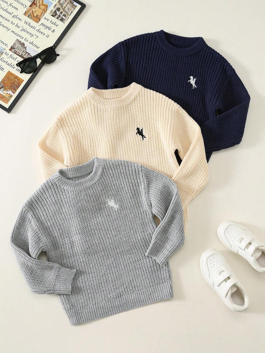 SHEIN 3件組/返校季男童小男孩黑色灰色卡其色百搭紋理鬆款套頭秋季毛衣，Y2K，假日，生日男孩，Lmoss Kids
