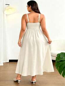 SHEIN CURVE+ 大码女士优雅纯色前系蝴蝶结吊带长款沙滩连衣裙，适合海滩、度假、派对、约会、音乐节、春夏户外活动等场合，百搭设计 - 杏色 - 查看 2
