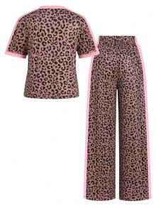 SHEIN 2pcs/Set Teen Short Sleeve & Long Pants Set, Pink Bow Ribbon, Suitable For Spring/Summer, Sports & Commute - Brown - View 4