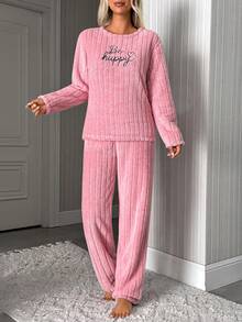 SHEIN Rosa ribbad fluffig plysch pyjamasset med "Be Happy"-brodyr, mysig vinterhemklädsel - Rosa - Visa 5