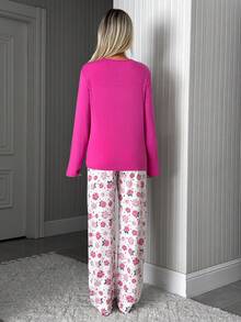 SHEIN Cottnline Pink Floral Have Fun Slogan Top Print Pants Casual Cute Pajama Set Lounge Spring Sleep - Pink - View 2