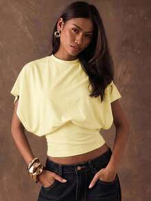 SHEIN BAE تي شيرت نسائي بأكمام خفاشية من القطن بنسبة 95% باللون الأصفر الكريمي - أصفر - مشاهدة 5
