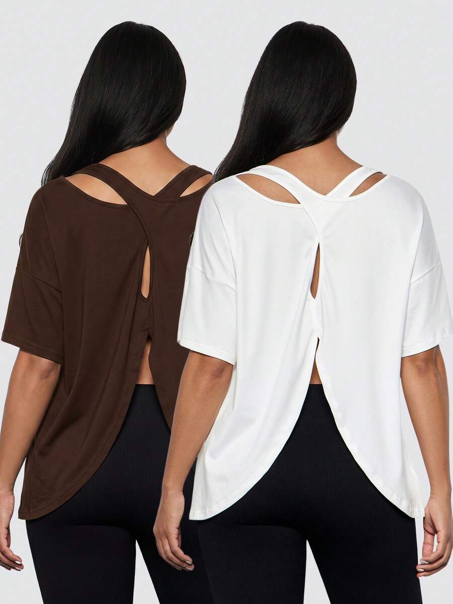 Voyena Plus Size Women 2pcs Set Sports T-Shirt, Workout Top, Sports Tank Top, Yoga Top, Casual Everyday Top - Coffee Brown - View 1