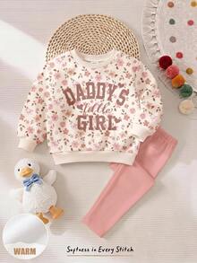 柔霧蓮花粉，可愛甜美字母「Daddy's Girl」❤ 波希米亞風柔美花卉圖案，女嬰休閒舒適寬鬆圓領衛衣與內搭褲2件套，適合秋冬日常、校園、親子、姐妹穿搭，秋季氛圍，新季節新風格新套裝 - 彩色 - 查看 5