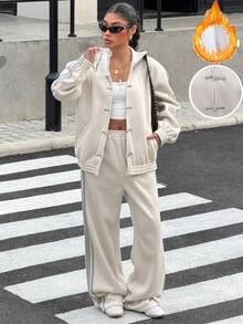 Muchica 2PCS Women's Winter Set Apricot-Colored Women's Knit Long-Sleeve Jacket And Sweatpants Set Featuring Chinese-Style Knotted Button Closures - Apricot - View 4